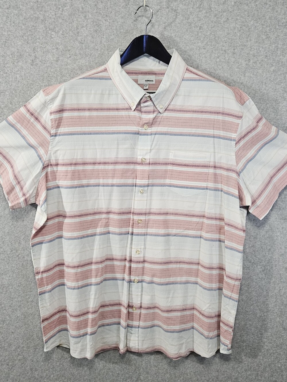 Sonoma Short-Sleeve Button-Down Shirt in Peachy Pink and Blue Stripes. Size XXL.